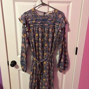 Boden Navy Floral Midi Dress with Pink & Yellow Accents